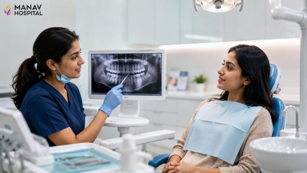 Dental crown after root canal treatment at Manav Hospital