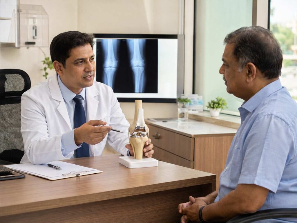 Patient walking with support during knee replaceme