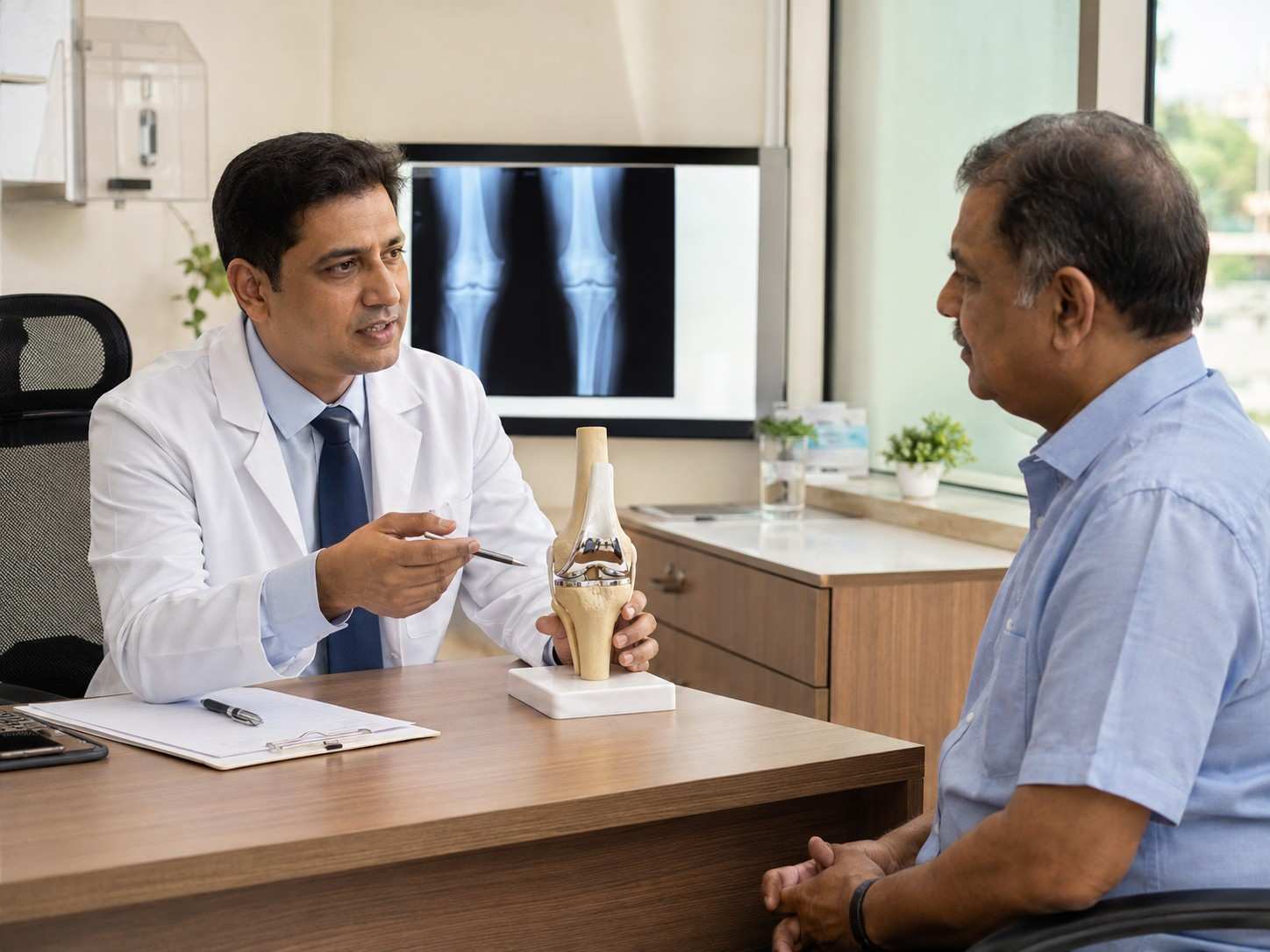 Patient walking with support during knee replaceme