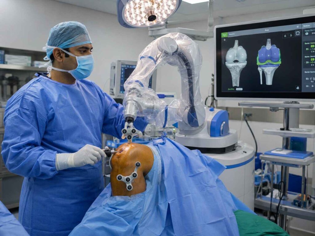 Surgeon using robotic technology for knee replacement surgery

