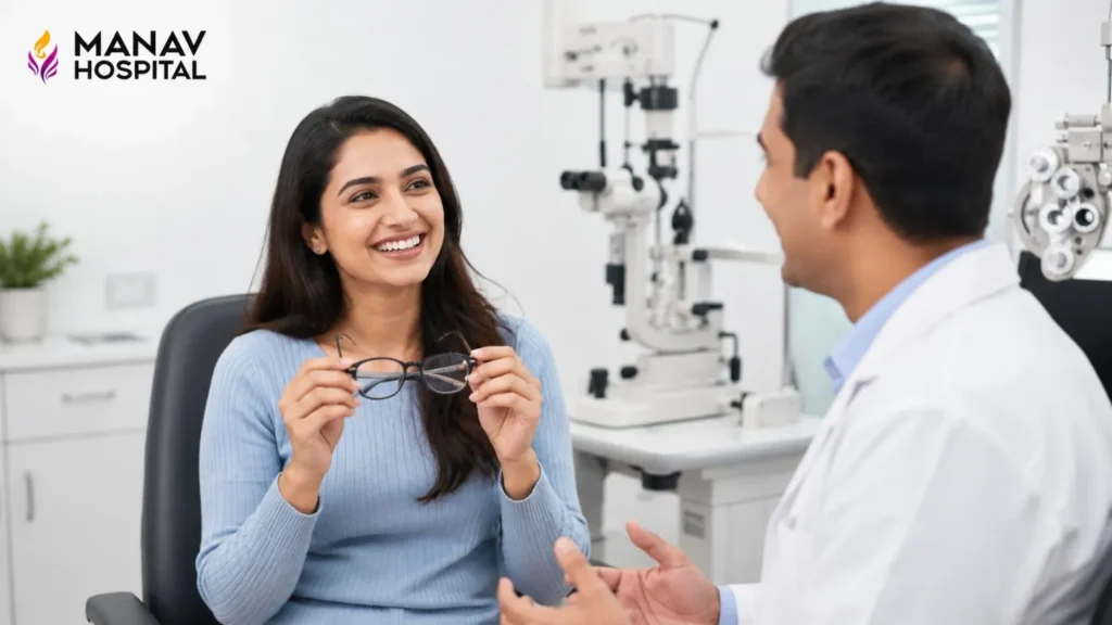 Patient consultation for specs removal at Manav Hospital